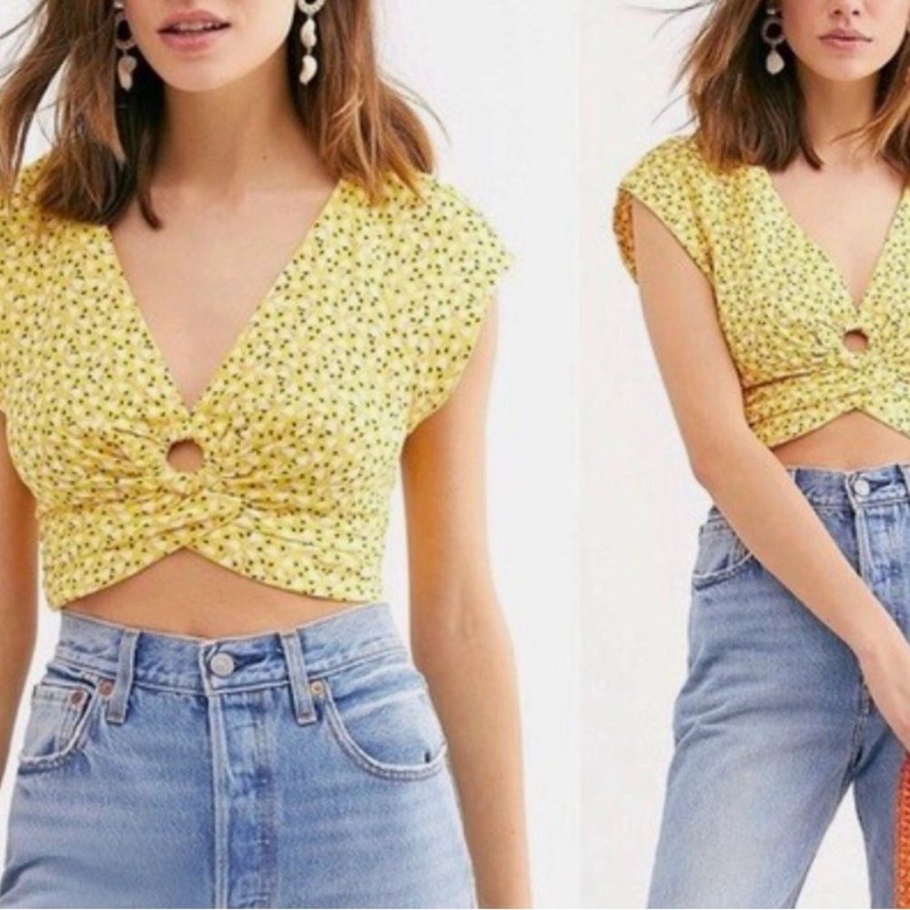 FREE PEOPLE | Havana Honey Yellow Floral Twist-Front Crop Top Women’s Size M